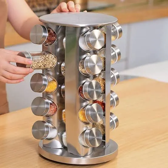 20 PCs Stainless Steel Revolving Spice Rack Canister Set - Glass Jars